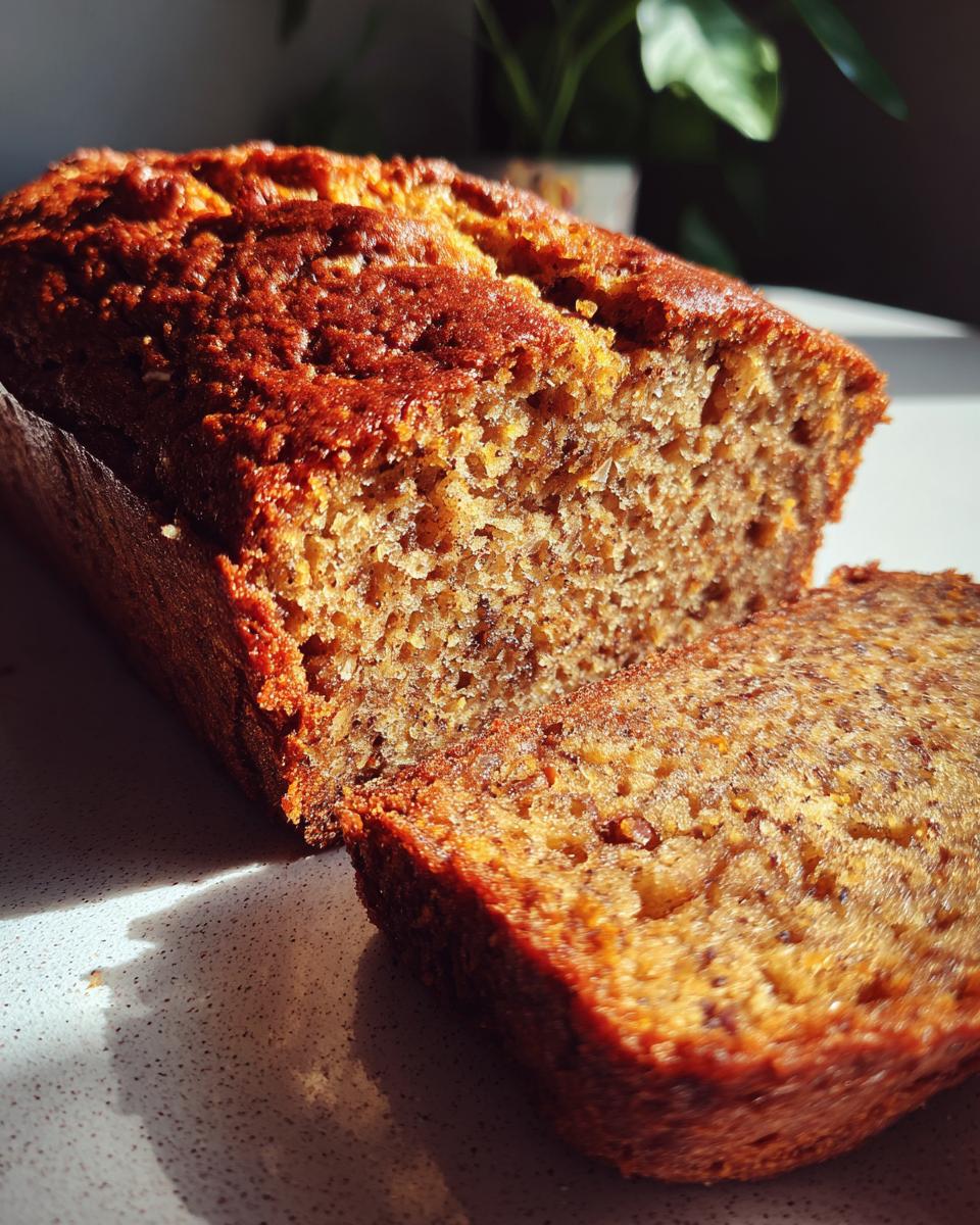 A close-up view of a slice of moist zucchini bread, showcasing its texture and golden-brown crust.