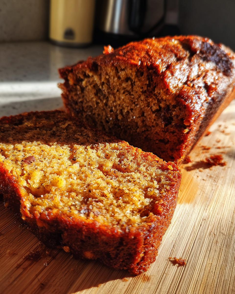 Close-up of a slice of moist zucchini bread with visible texture and a golden-brown crust, resting on a wooden cutting board.