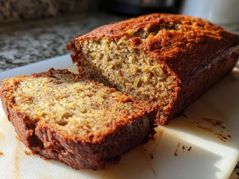 A close-up of a slice of moist zucchini bread, showcasing its texture and golden-brown crust.