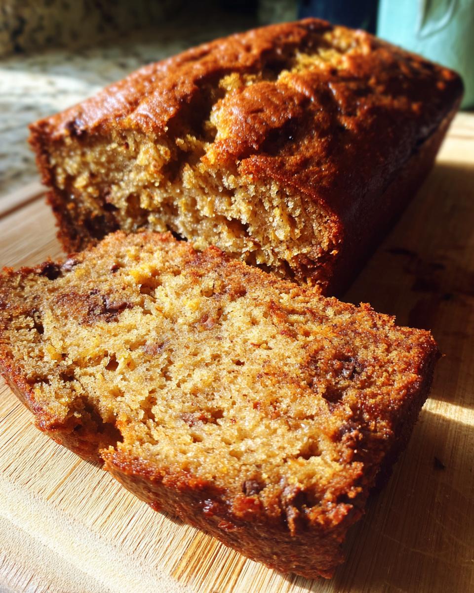 A close-up of a slice of moist zucchini bread with chocolate chips, showcasing its texture and golden-brown crust.