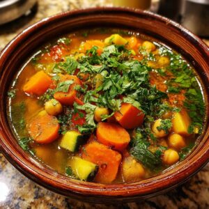 A close-up of a bowl of hearty Moroccan vegetable soup, featuring carrots, zucchini, chickpeas, and fresh parsley.