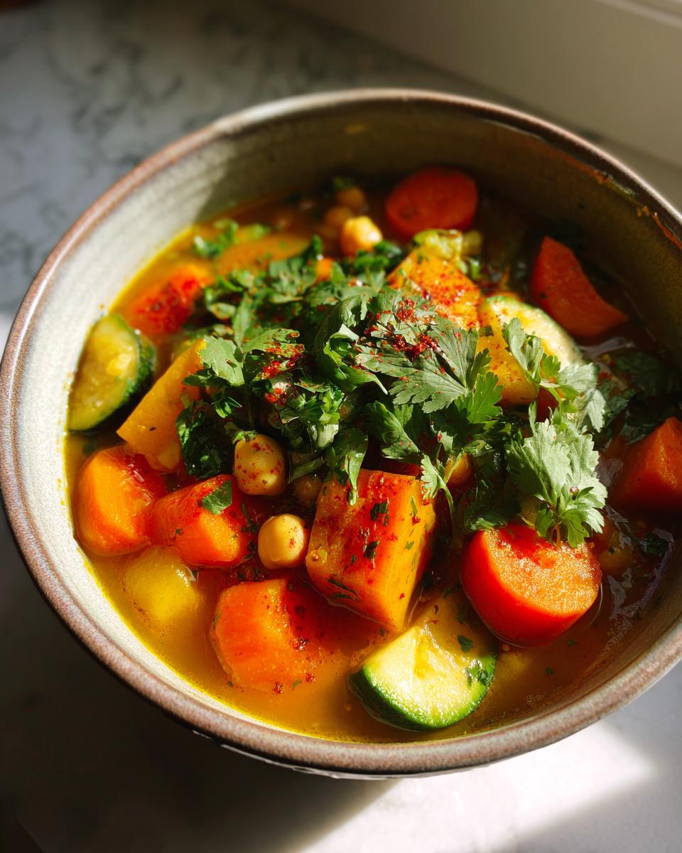 A close-up of a bowl of hearty Moroccan vegetable soup, featuring chunks of carrots, zucchini, tomatoes, and chickpeas, garnished with fresh parsley and spices.