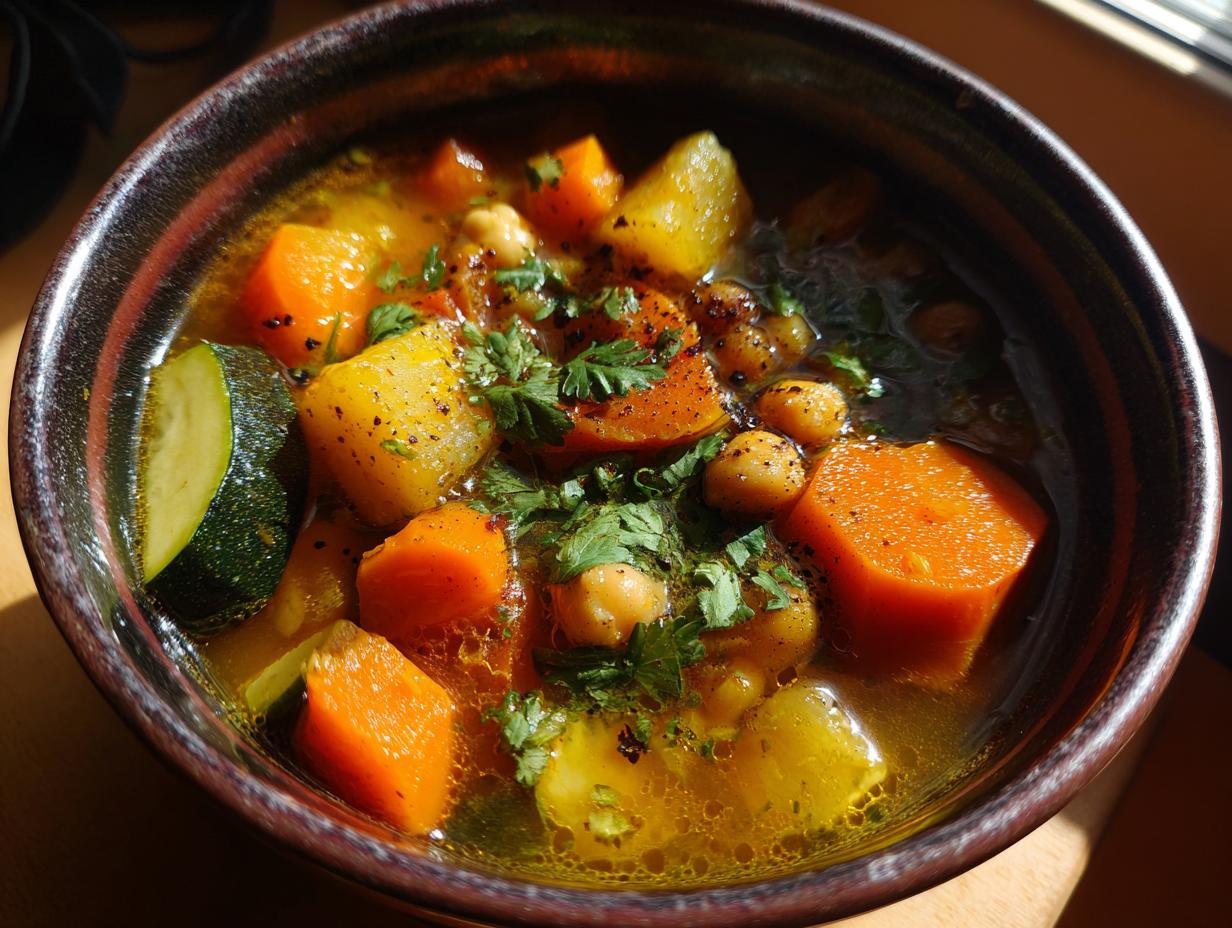 A close-up of a bowl of Moroccan vegetable soup, featuring chunks of carrots, potatoes, zucchini, and chickpeas, garnished with fresh parsley.