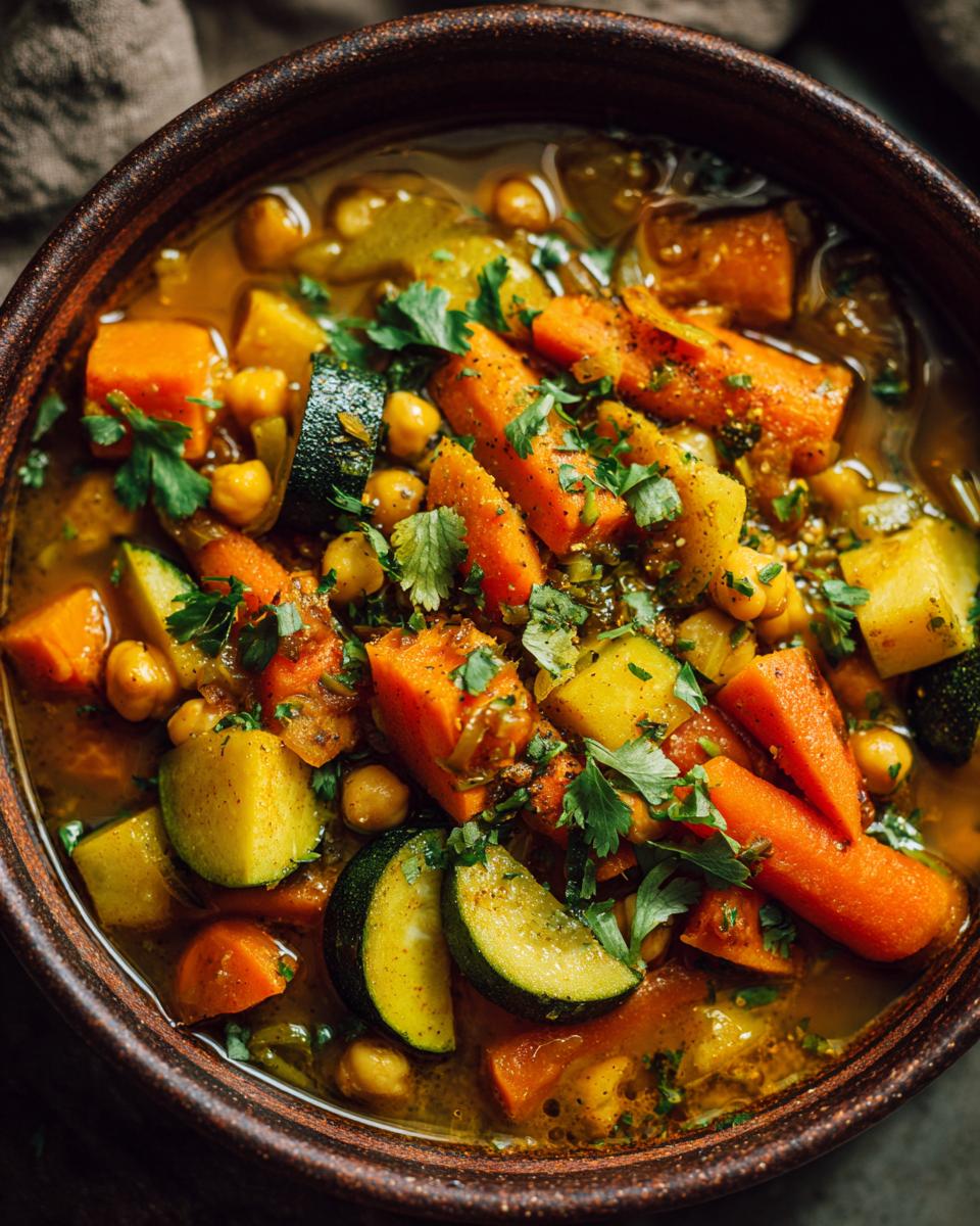 Close-up of a rustic bowl filled with hearty Moroccan vegetable soup, featuring carrots, zucchini, chickpeas, and fresh parsley.
