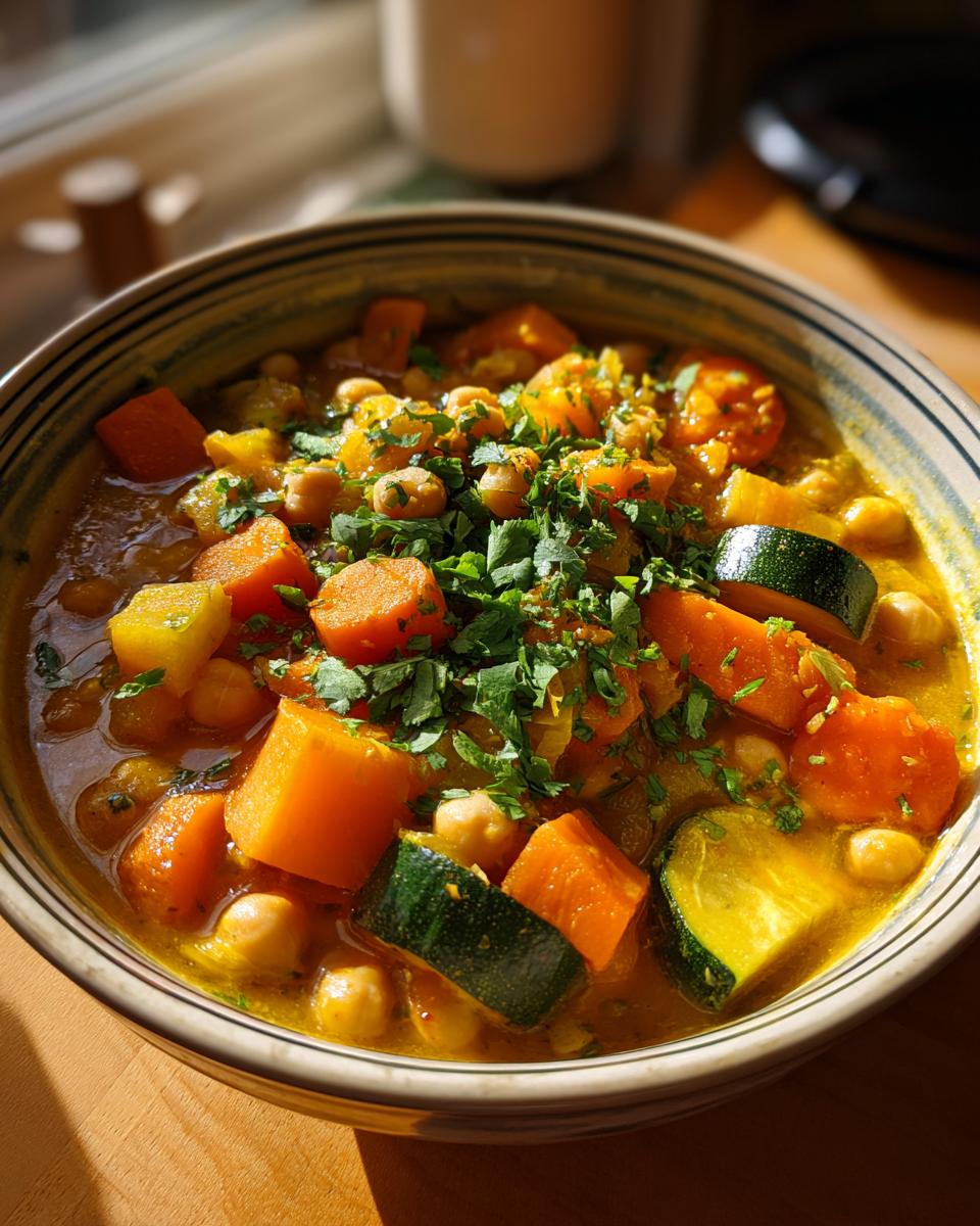 A close-up of a bowl filled with hearty Moroccan vegetable soup, featuring chickpeas, carrots, and zucchini, topped with fresh parsley.