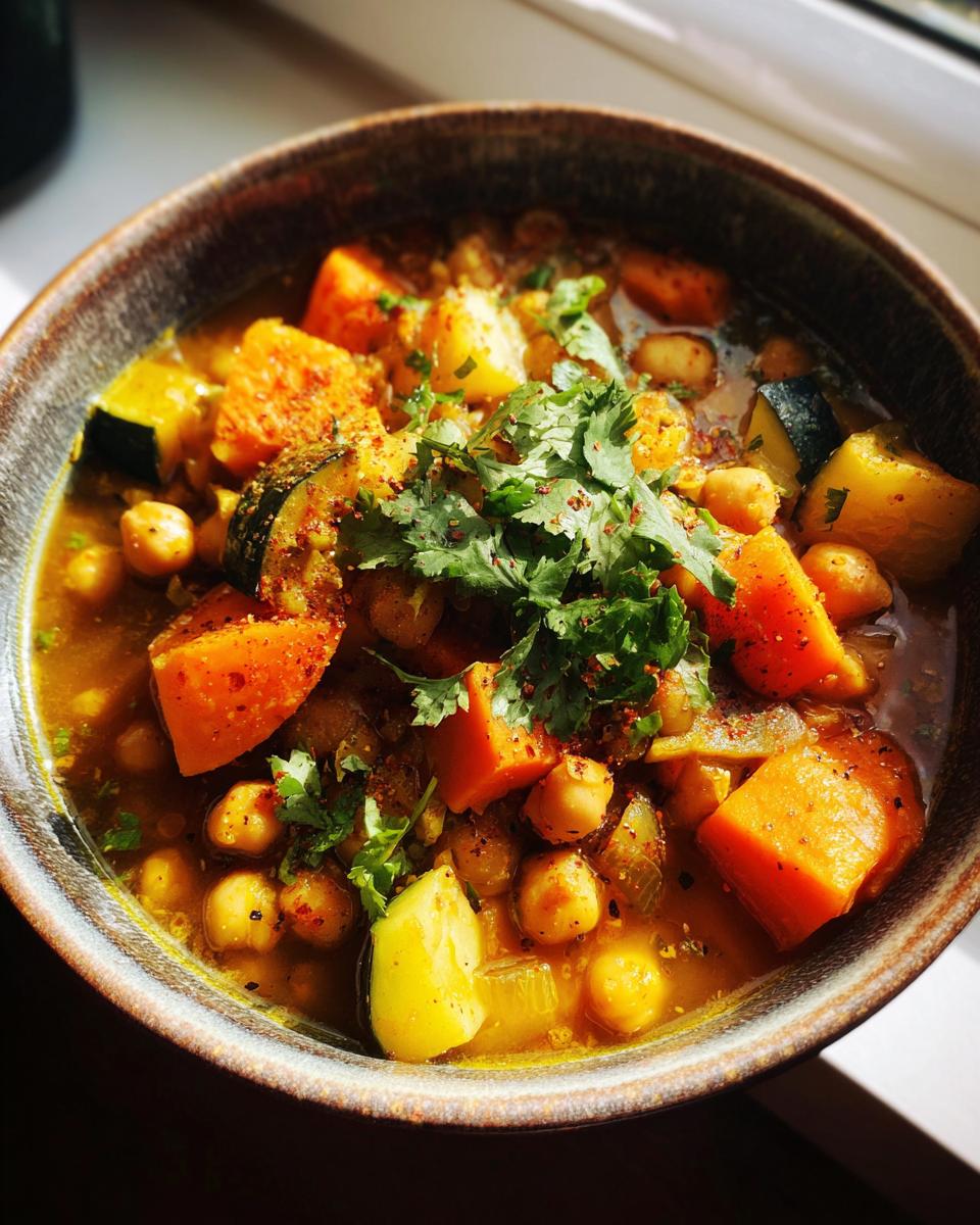 A close-up of a bowl of Moroccan vegetable soup, featuring chickpeas, chunks of squash, and carrots, garnished with fresh cilantro.