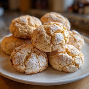A close-up of a stack of golden-brown old fashioned tea cakes, lightly dusted with powdered sugar.