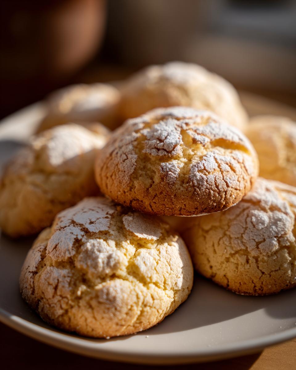 A close-up of several golden-brown old fashioned tea cakes dusted with powdered sugar on a light gray plate.