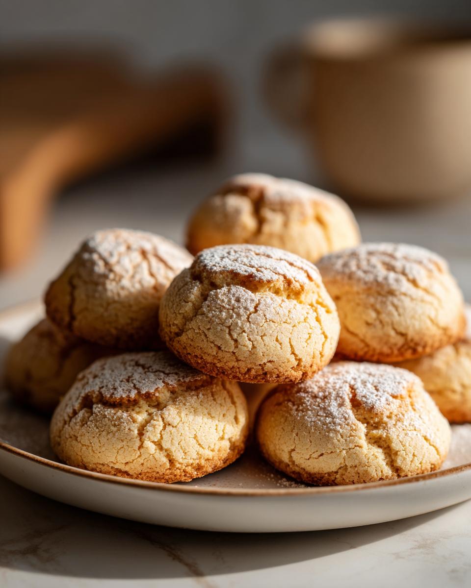 A pile of golden brown old fashioned tea cakes dusted with powdered sugar on a ceramic plate.