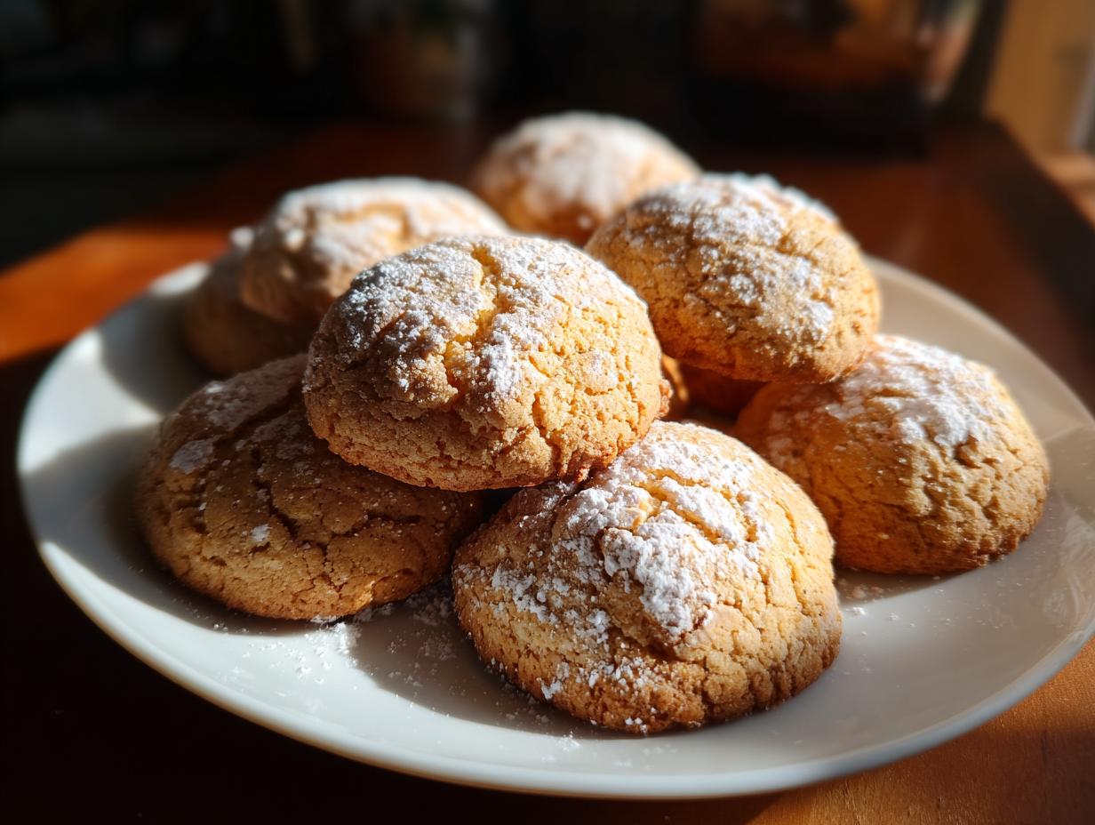 A pile of golden brown old fashioned tea cakes generously dusted with powdered sugar on a white plate.