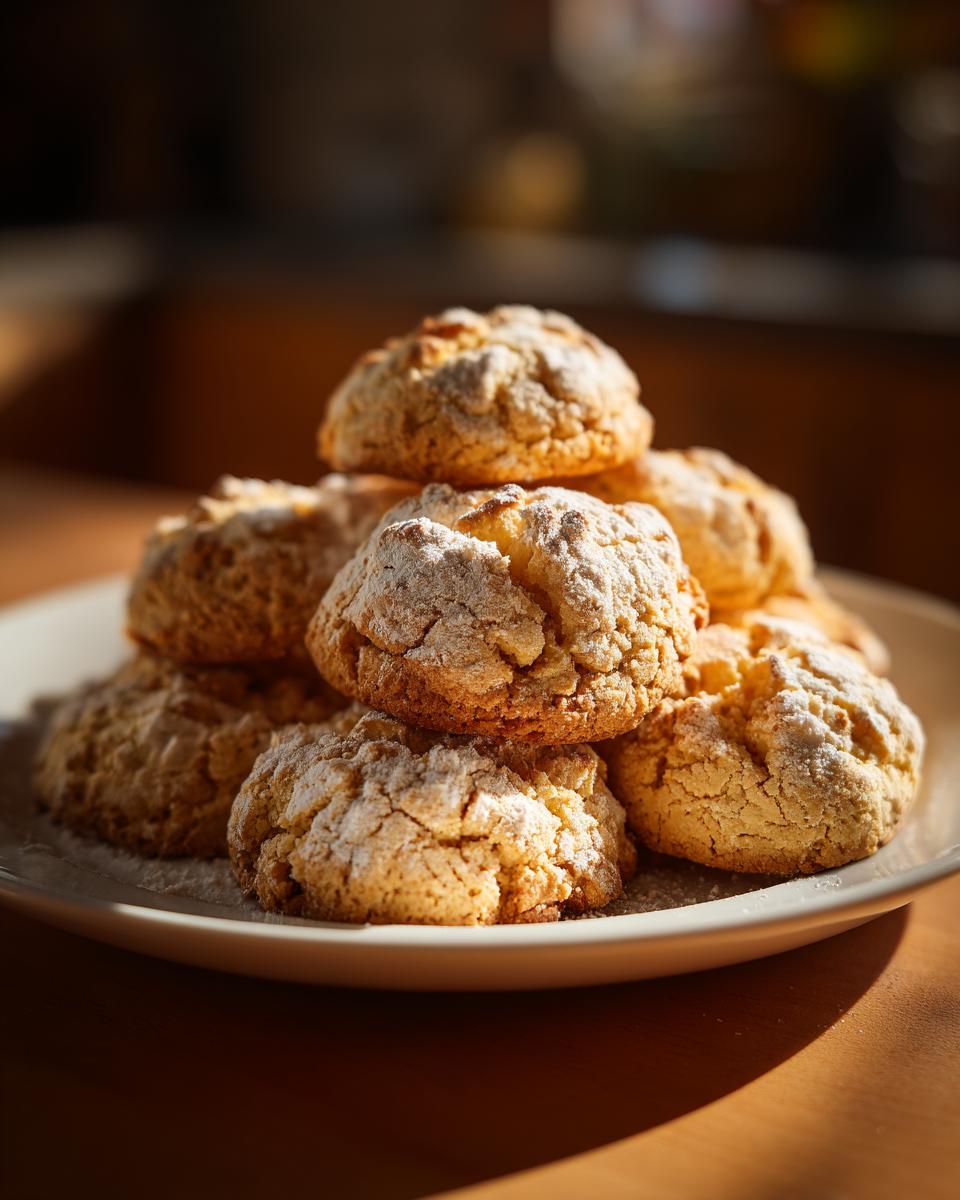 A stack of golden brown old fashioned tea cakes dusted with powdered sugar on a white plate.
