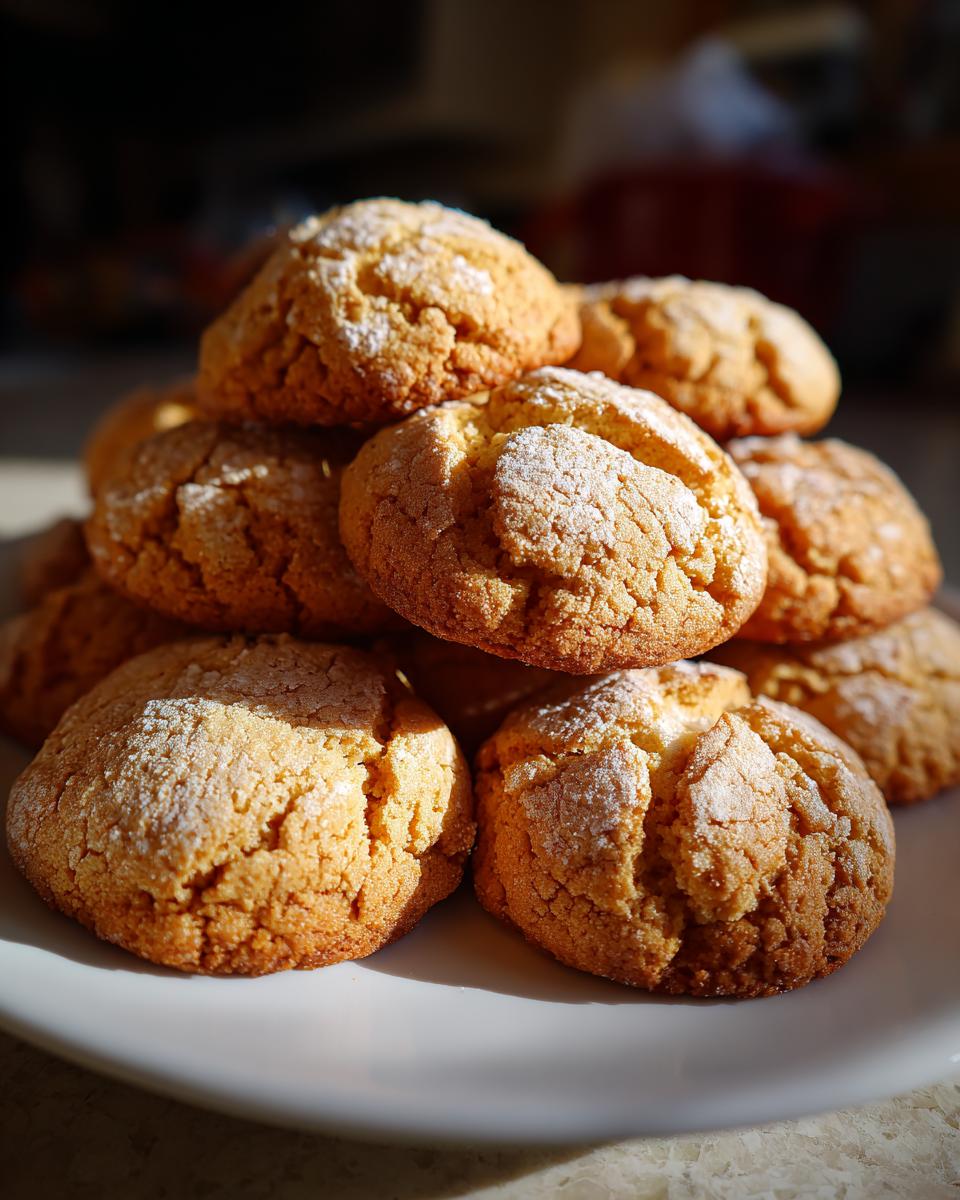 A close-up of a stack of golden brown old fashioned tea cakes, lightly dusted with powdered sugar.