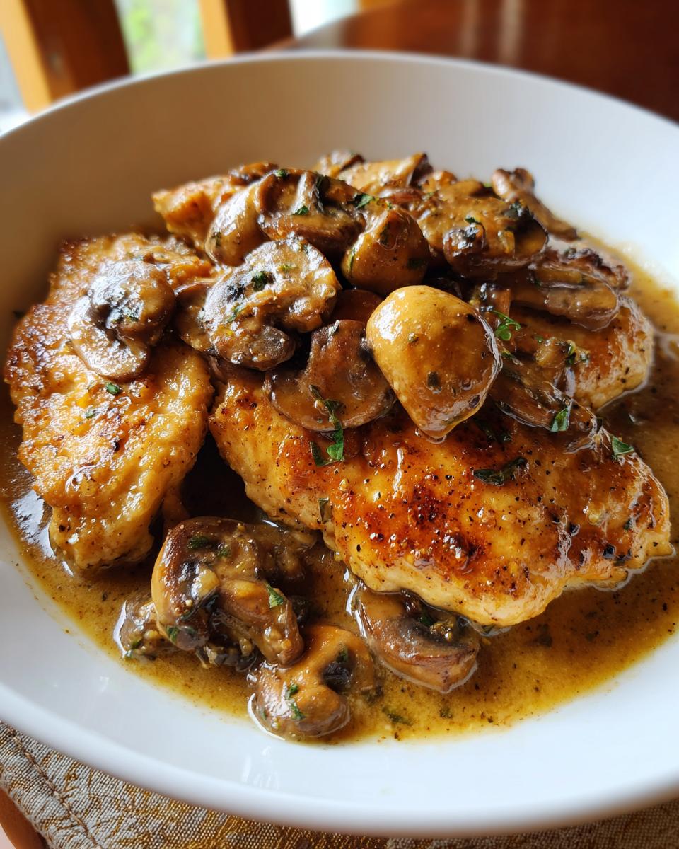 Close-up of tender chicken breasts topped with a rich mushroom Marsala sauce, a perfect Olive Garden chicken Marsala copycat.