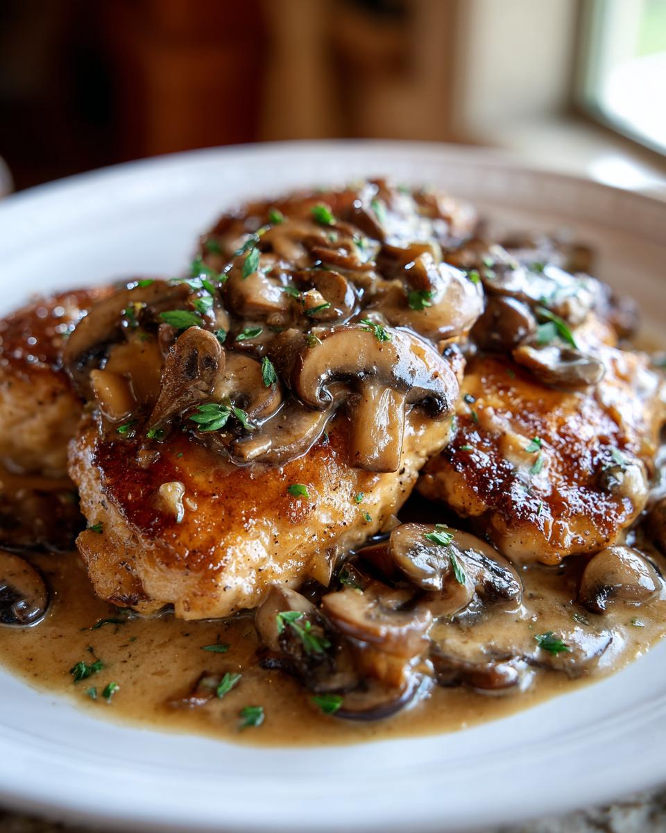 Close-up of tender chicken breasts smothered in a rich mushroom Marsala sauce, a delicious Olive Garden chicken marsala copycat.