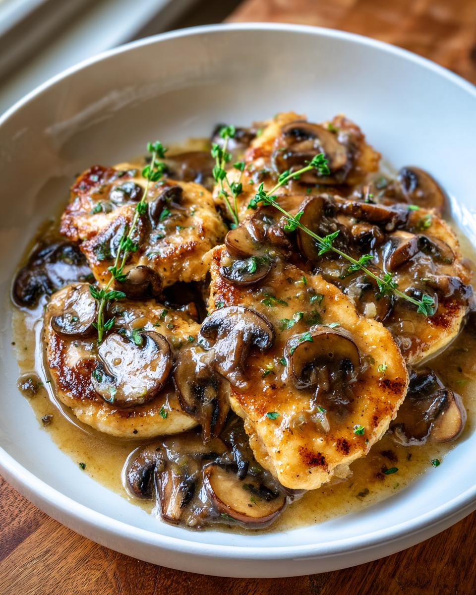 A close-up of tender chicken cutlets smothered in a rich mushroom Marsala sauce, garnished with fresh thyme. This is an Olive Garden chicken Marsala copycat.