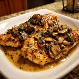A delicious plate of Olive Garden Chicken Marsala copycat recipe, topped with sautéed mushrooms and herbs.