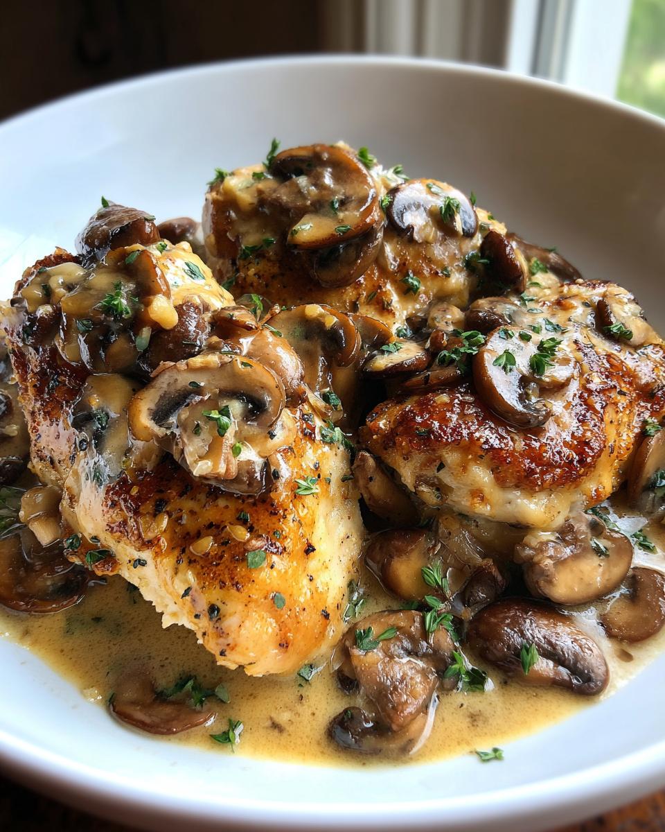 Close-up of tender chicken pieces smothered in a creamy mushroom Marsala sauce, garnished with fresh parsley. Olive Garden Chicken Marsala Copycat.