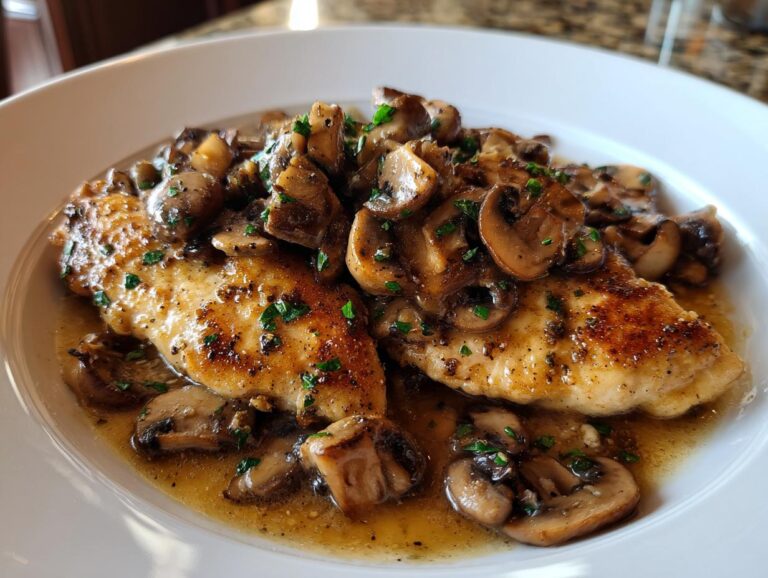 Close-up of golden-brown chicken breast topped with sautéed mushrooms in a savory sauce, a copycat of Olive Garden Chicken Marsala.