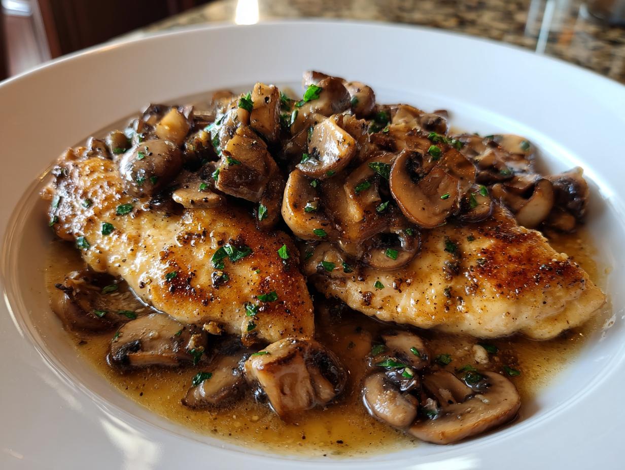 Close-up of golden-brown chicken breast topped with sautéed mushrooms in a savory sauce, a copycat of Olive Garden Chicken Marsala.