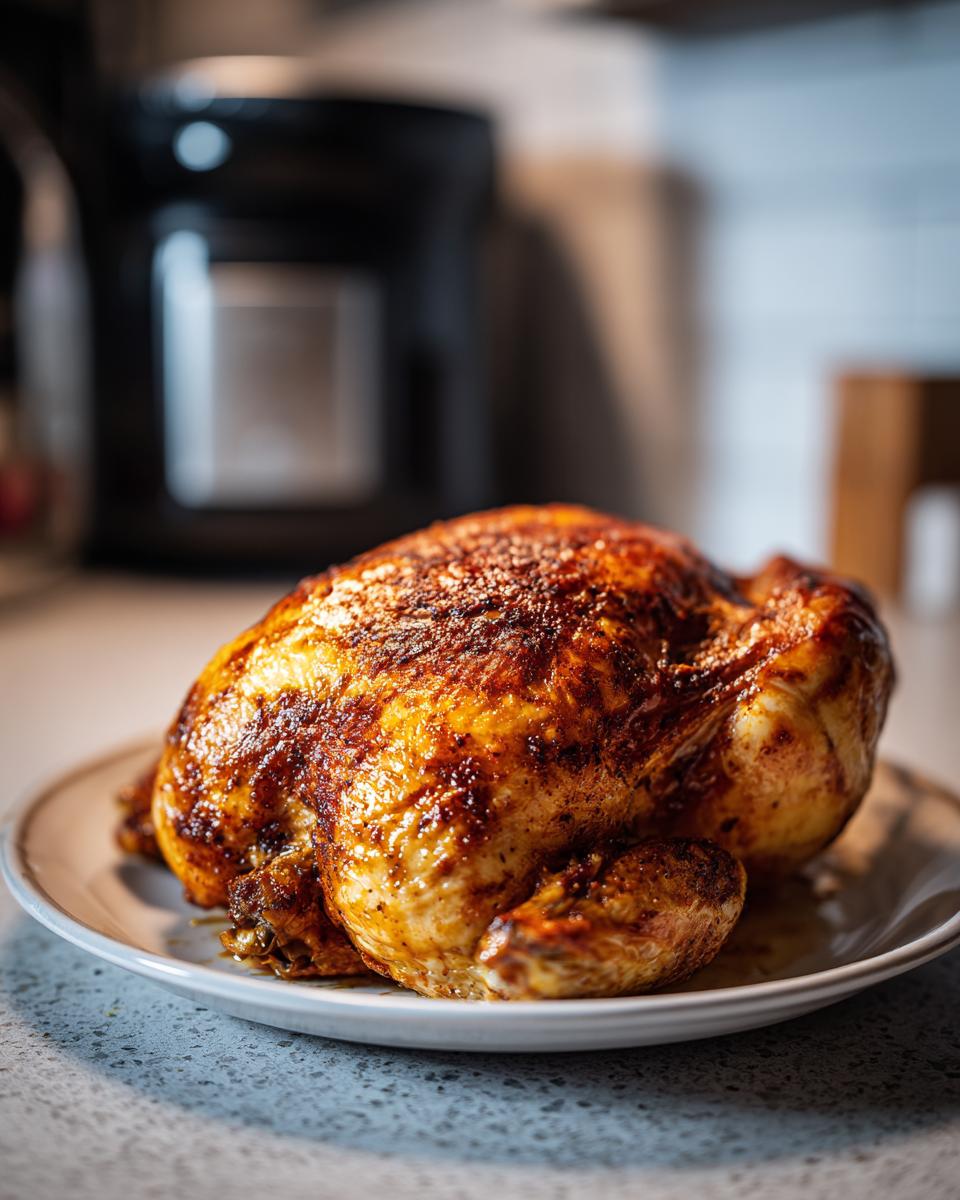 A perfectly golden and juicy oven roasted chicken presented on a white plate.