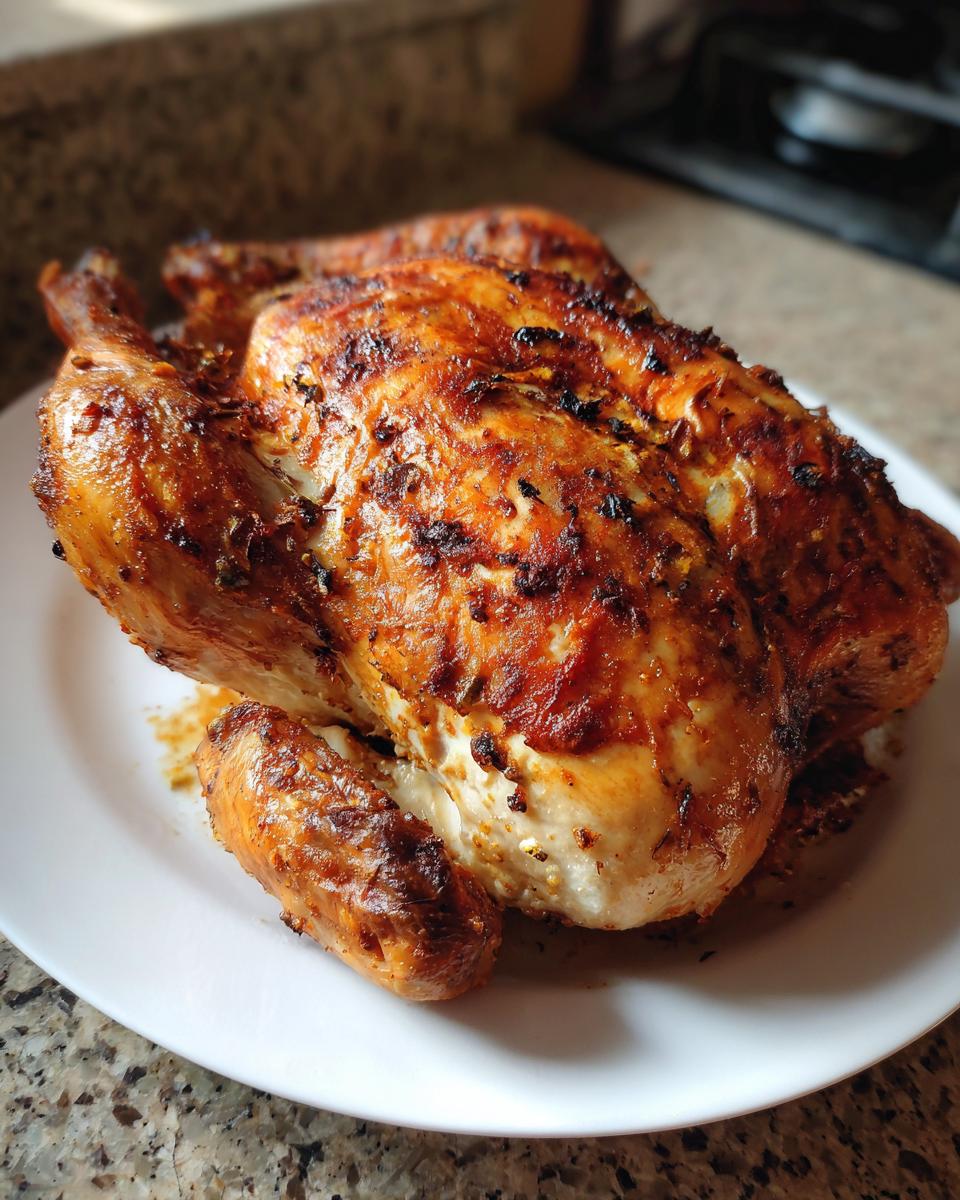 A whole golden oven roasted chicken seasoned with herbs, presented on a white plate.