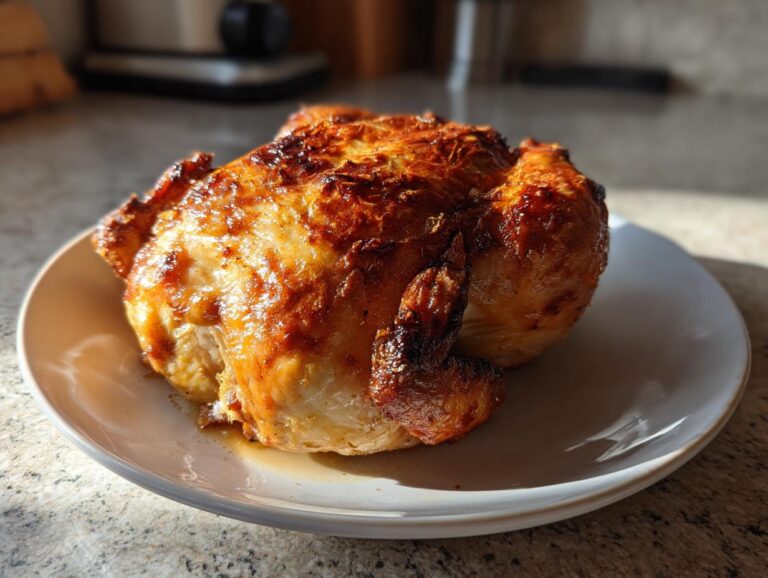 A perfectly golden and juicy oven roasted chicken resting on a white plate, bathed in natural light.