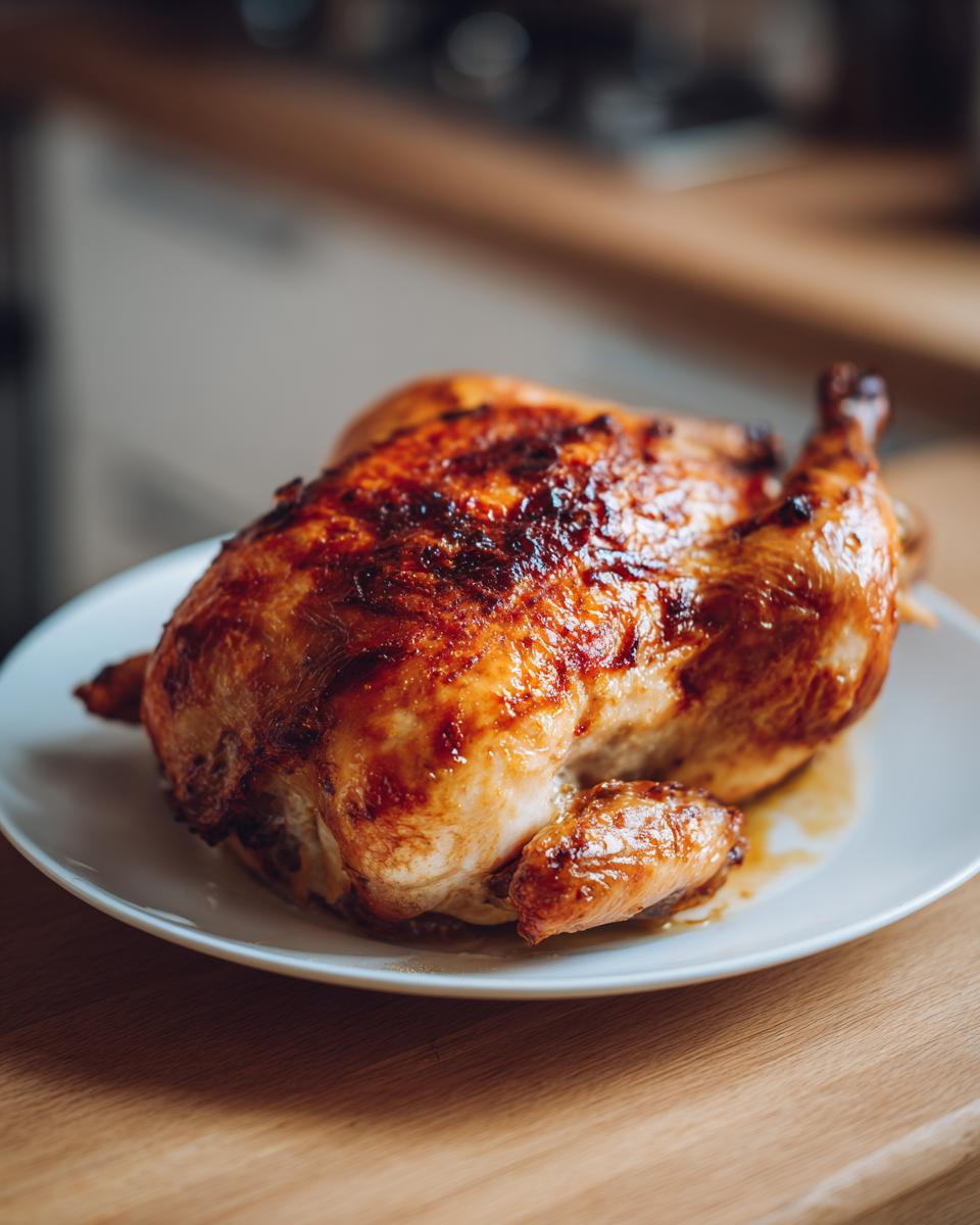 A perfectly golden and juicy oven roasted chicken sits on a white plate, ready to be served.