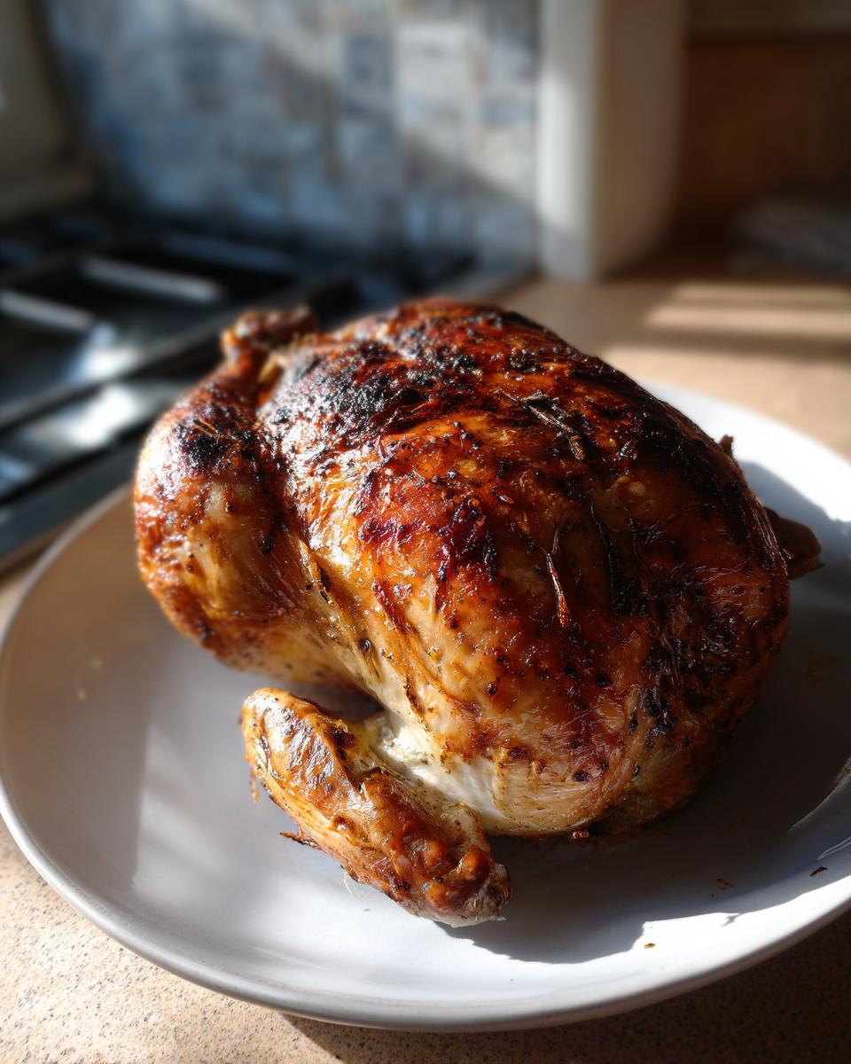 A perfectly golden oven roasted chicken sits on a white plate, ready to be served.