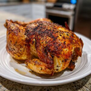 A perfectly golden and juicy oven roasted chicken seasoned with herbs, presented on a white plate.