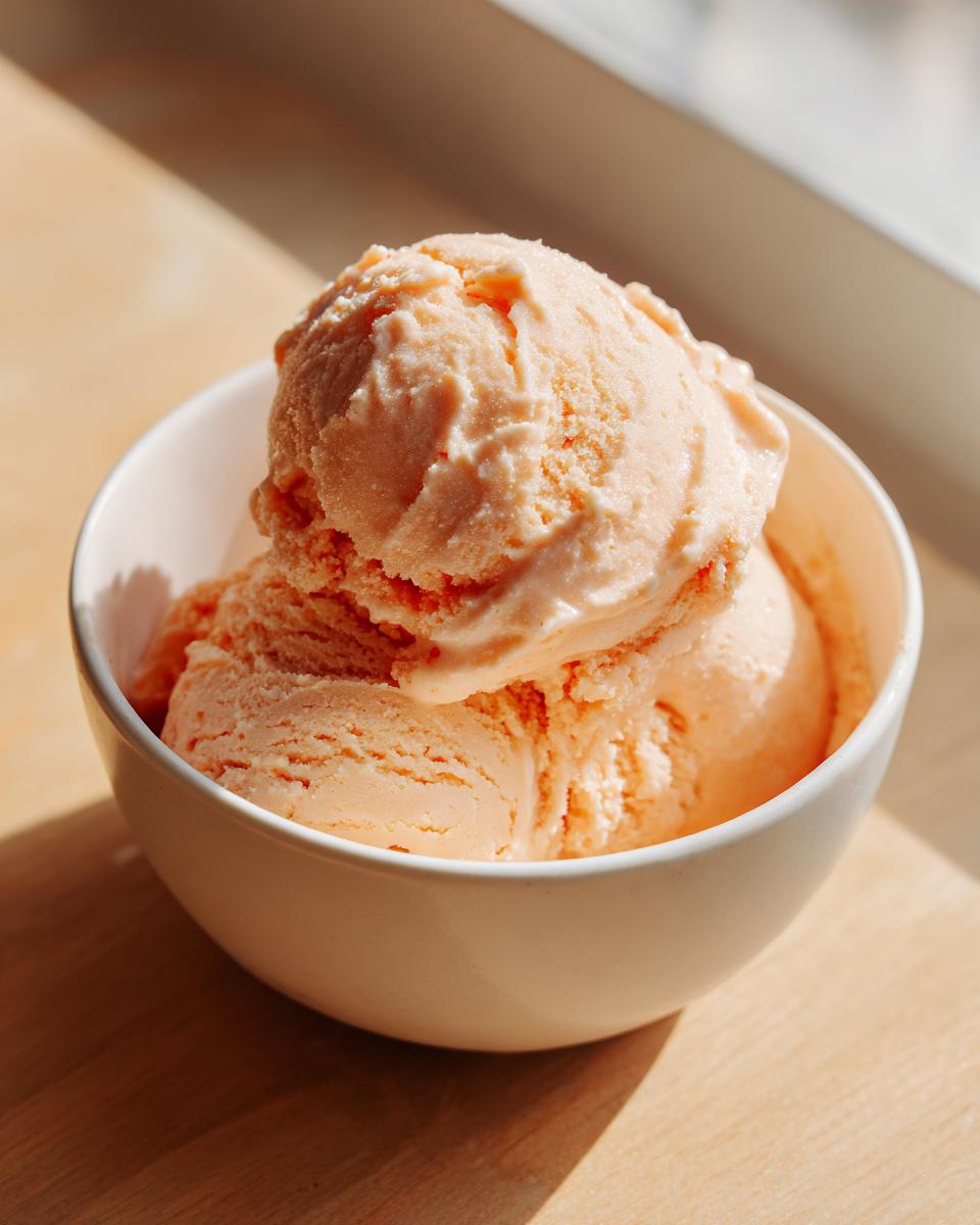 Two scoops of creamy papaya protein ice cream in a white bowl, bathed in sunlight.