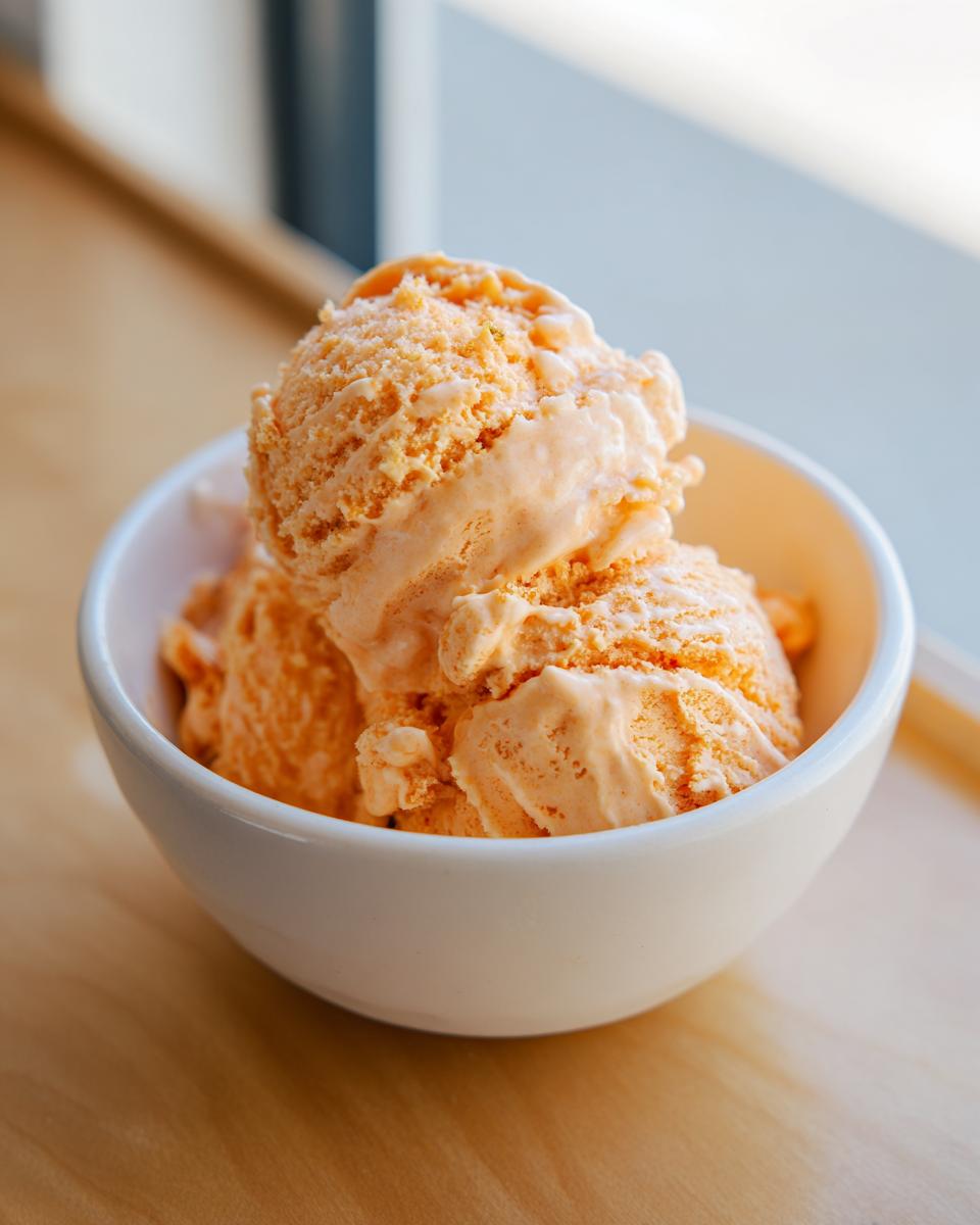 Three scoops of creamy orange Papaya Protein Ice Cream in a white bowl.