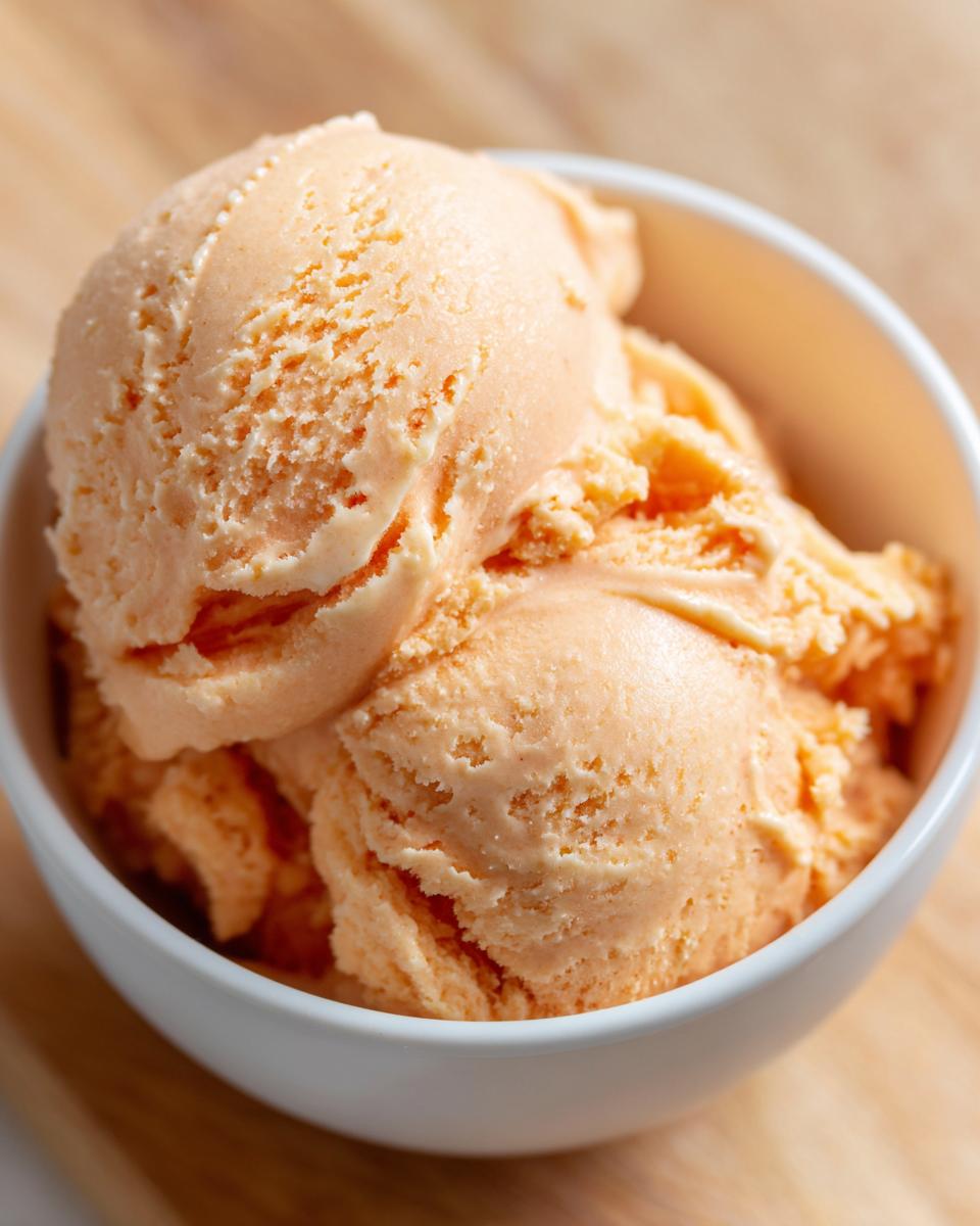 Close-up of three scoops of creamy papaya protein ice cream in a white bowl.