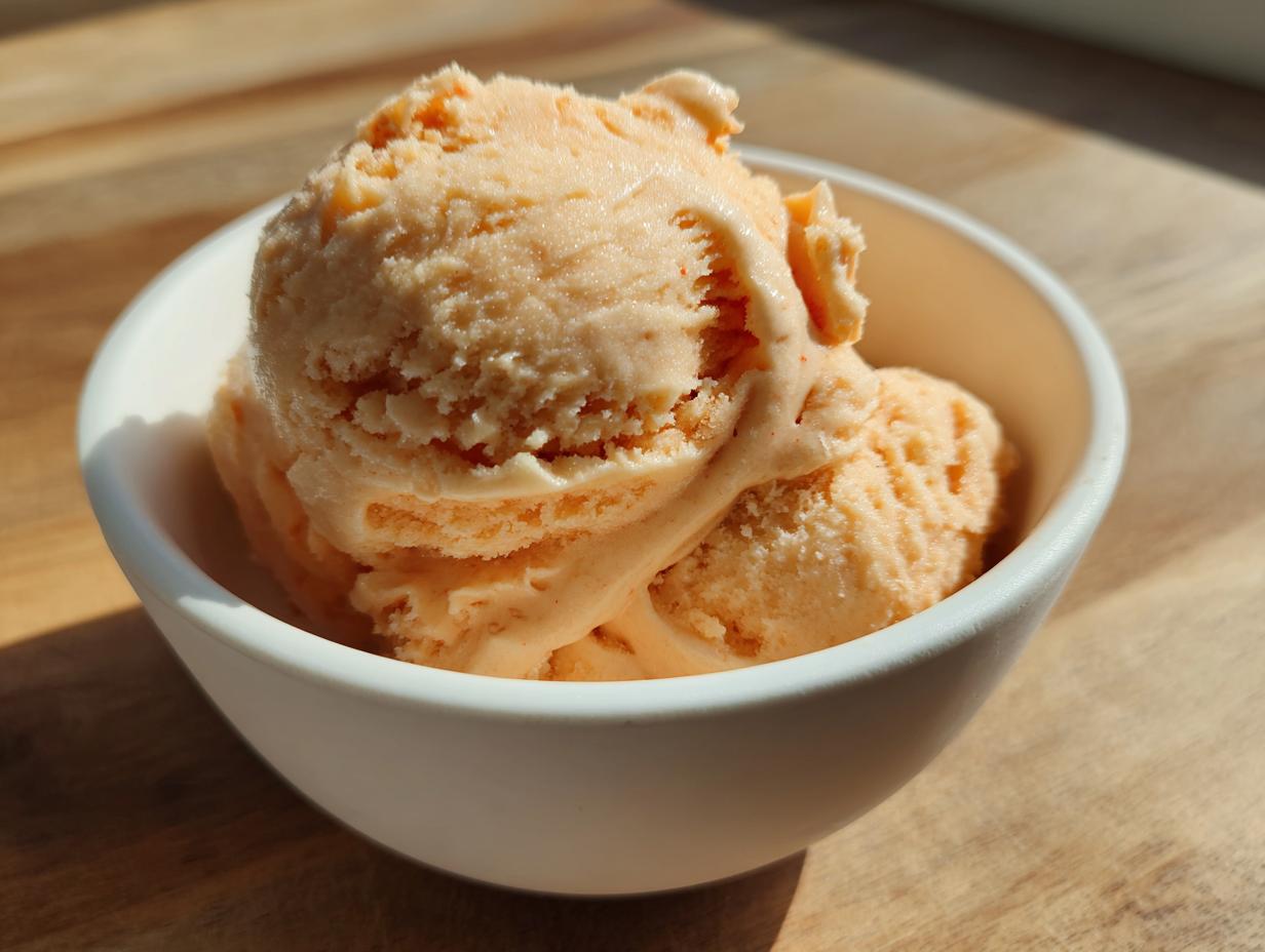 Close-up of creamy papaya protein ice cream scoops in a white bowl, bathed in sunlight.