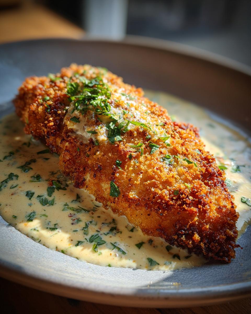 A close-up of a golden-brown Parmesan crusted chicken breast served in a creamy sauce with chopped parsley.