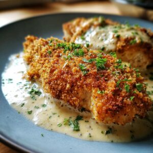 A close-up of crispy Parmesan crusted chicken served with a creamy sauce and garnished with fresh parsley.
