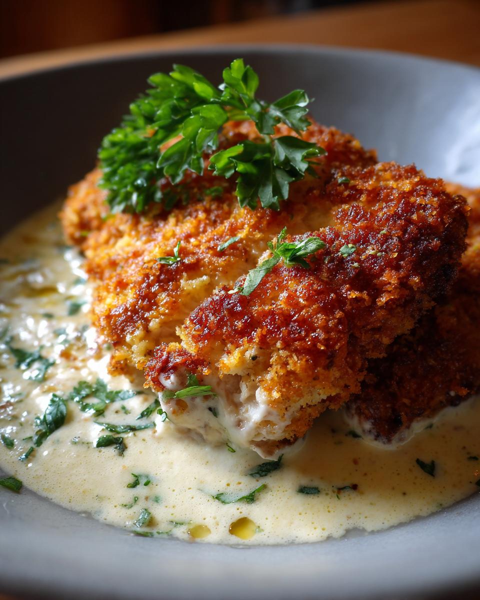 Close-up of crispy Parmesan crusted chicken pieces served in a creamy sauce with fresh parsley.