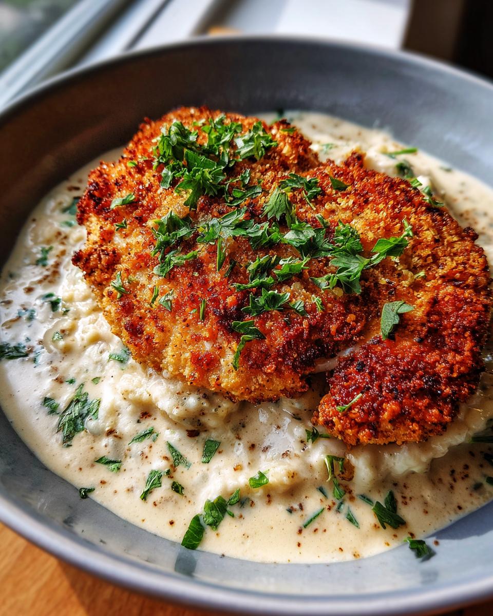 Close-up of crispy Parmesan crusted chicken served over a creamy sauce and garnished with fresh parsley.