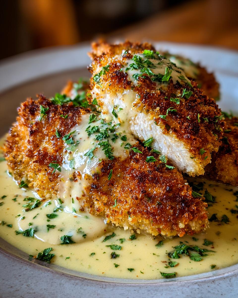 Close-up of crispy Parmesan crusted chicken, cut open to reveal juicy white meat, drizzled with creamy sauce and garnished with parsley.