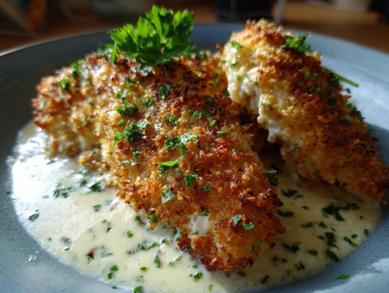 Close-up of two crispy Parmesan crusted chicken fillets served in a creamy sauce with fresh parsley garnish.