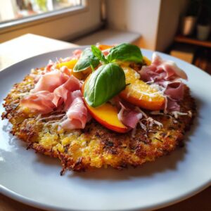 A close-up of a Peach Prosciutto Crispy Rice Cake topped with fresh basil, thinly sliced prosciutto, and ripe peach slices.