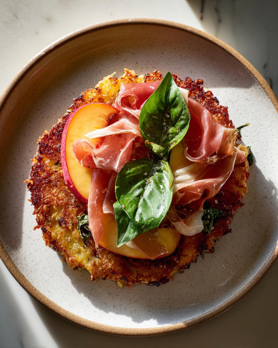 Close-up of a Peach Prosciutto Crispy Rice Cake topped with fresh peach slices, prosciutto, and basil leaves.