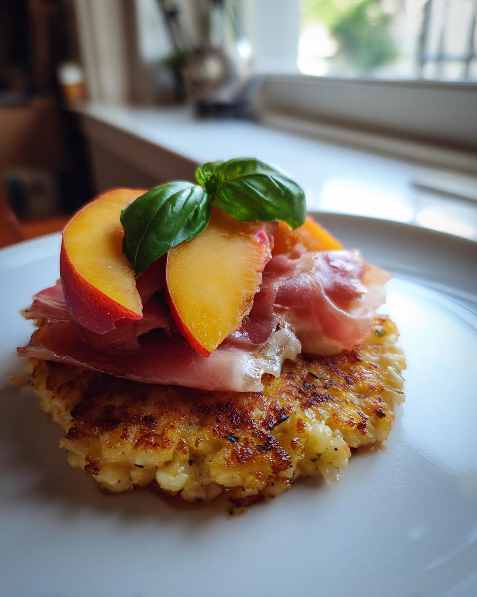 A close-up of a Peach Prosciutto Crispy Rice Cake topped with fresh peach slices, prosciutto, and basil.