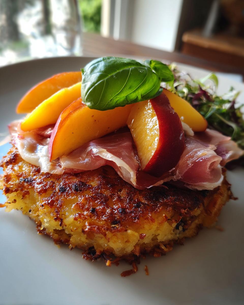 Close-up of a Peach Prosciutto Crispy Rice Cake topped with fresh peach slices, prosciutto, and basil.