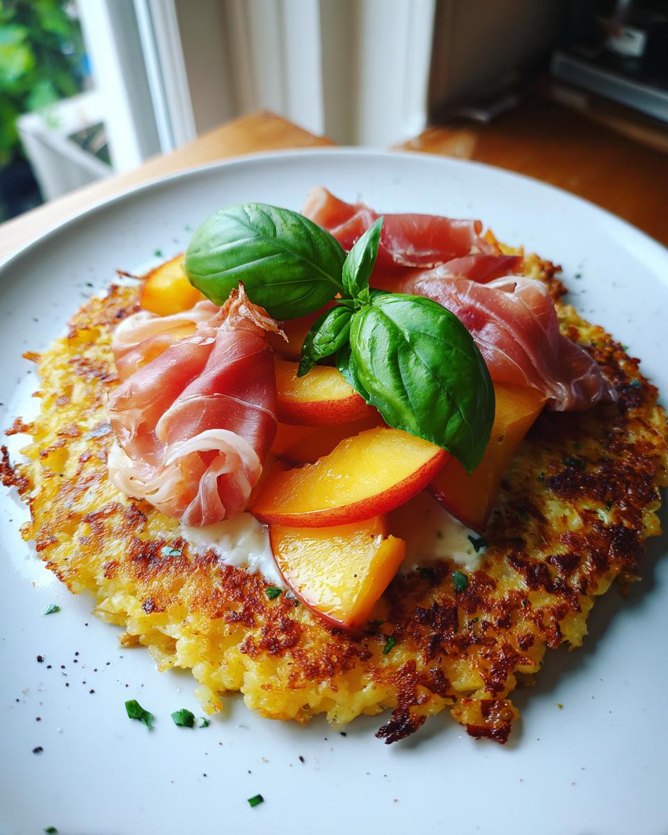 Close-up of Peach Prosciutto Crispy Rice Cakes topped with fresh basil and sliced peaches.