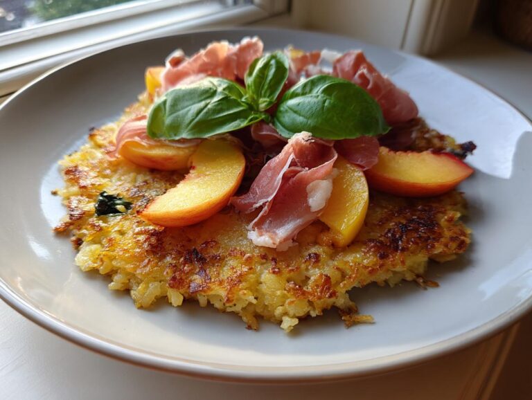 A close-up of a crispy rice cake topped with fresh peach slices, prosciutto, and basil.