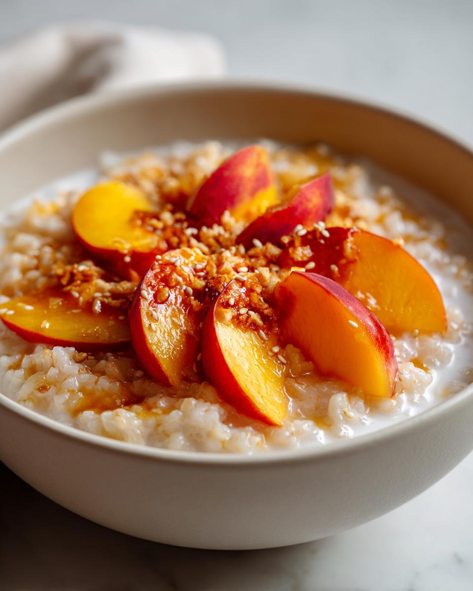 A close-up of a bowl of Peach Sticky Rice topped with fresh peach slices and a sprinkle of sesame seeds.