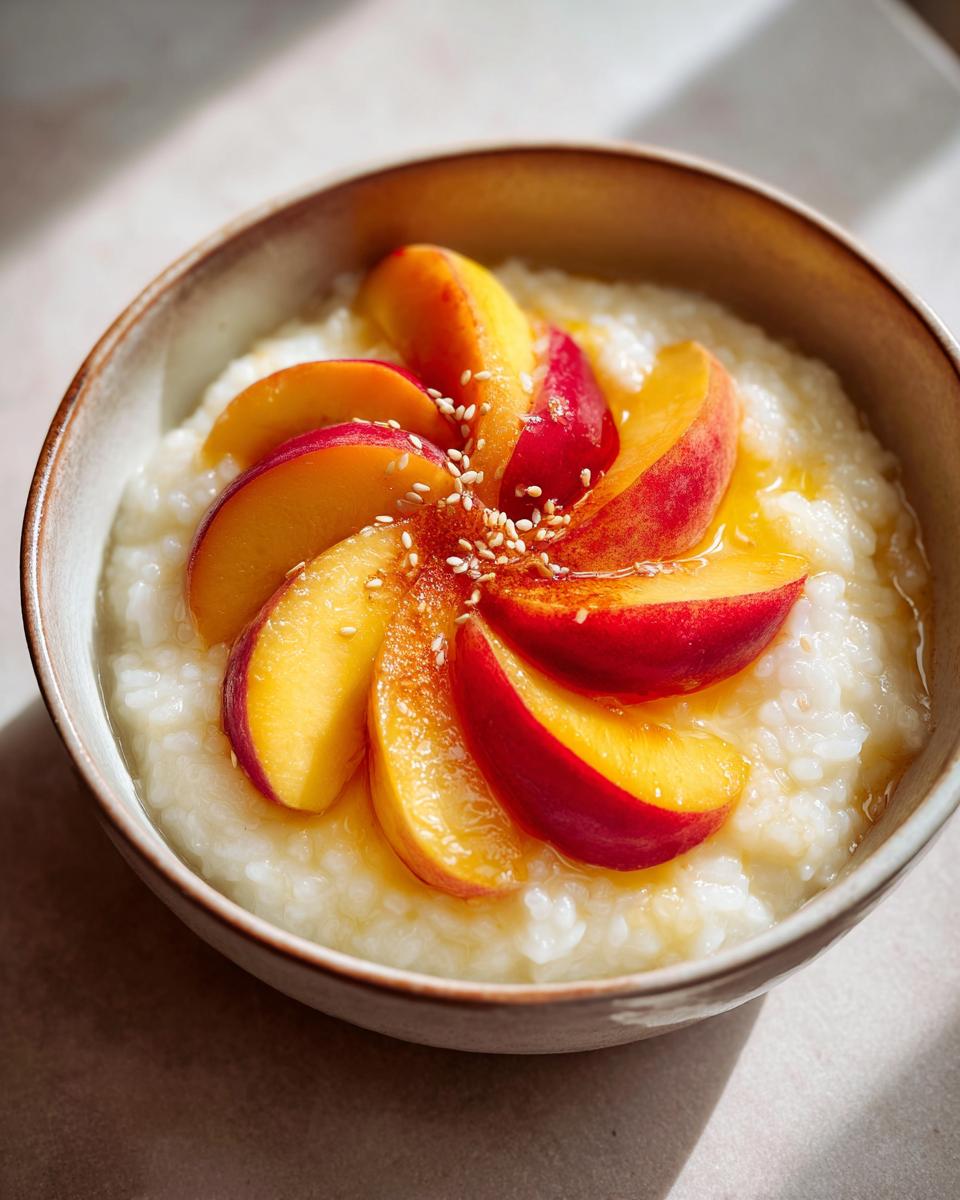 A close-up of creamy Peach Sticky Rice topped with sliced peaches, drizzled with honey, and sprinkled with sesame seeds.