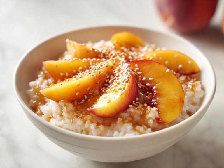 A close-up of a bowl of Peach Sticky Rice, topped with fresh peach slices and sesame seeds.