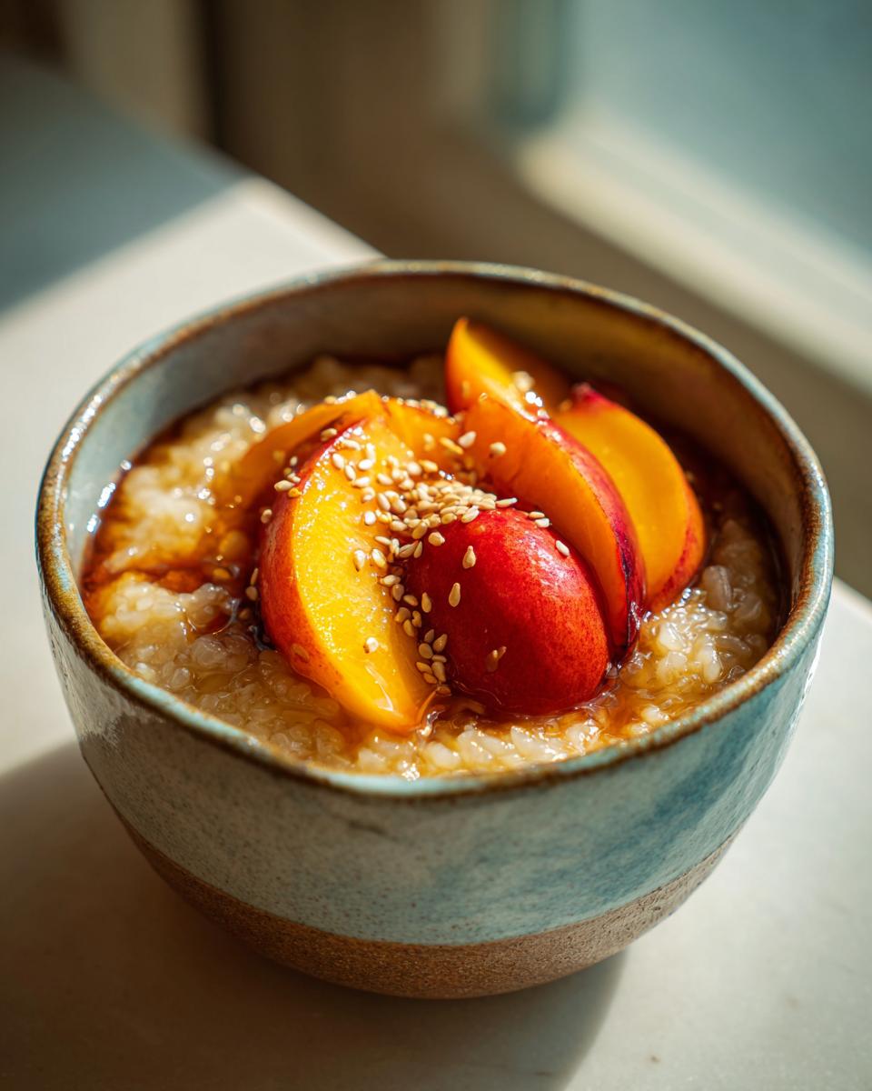 A close-up of a bowl of Peach Sticky Rice topped with sliced peaches and sesame seeds.