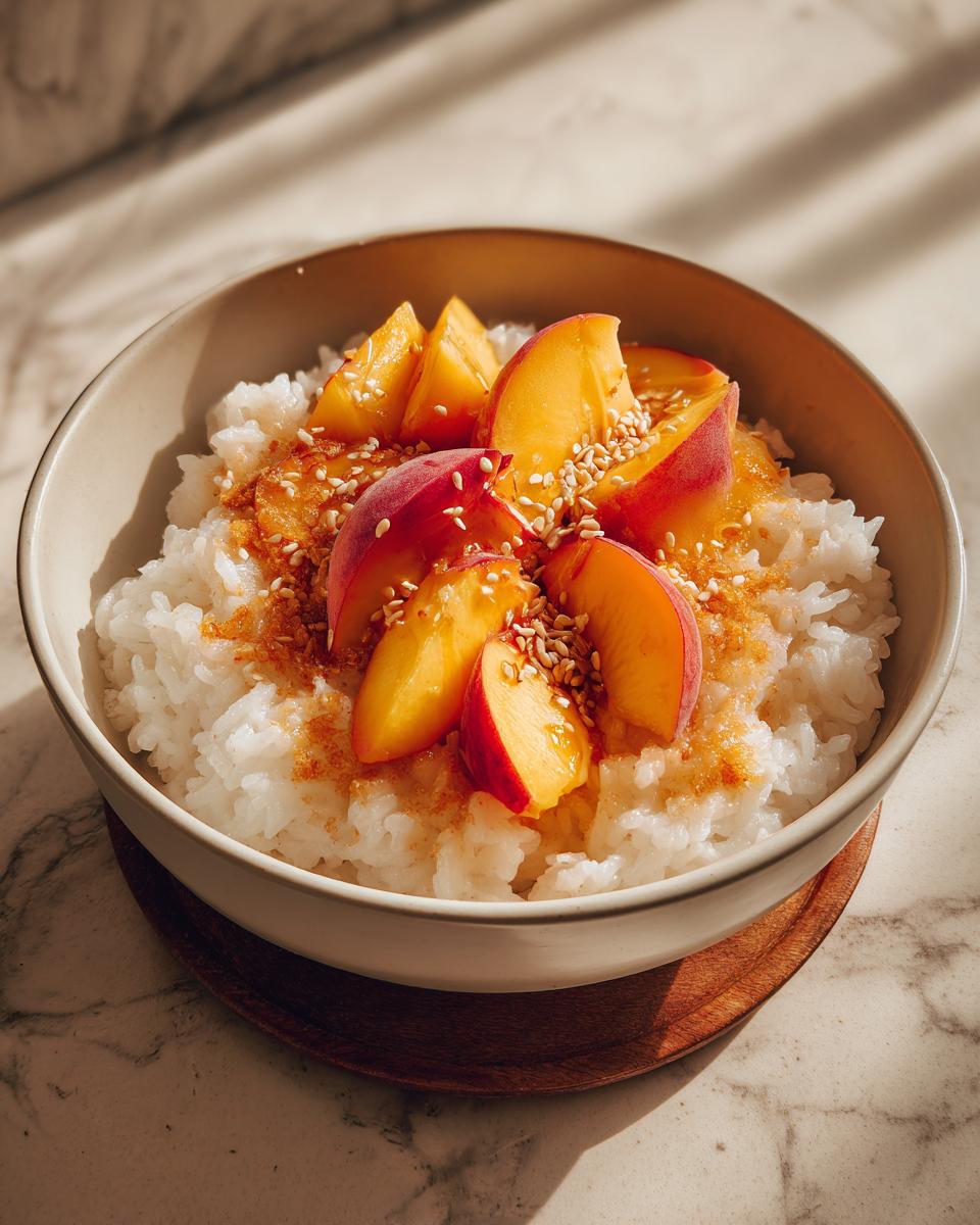 A close-up of a bowl of white sticky rice topped with fresh peach slices and sesame seeds.